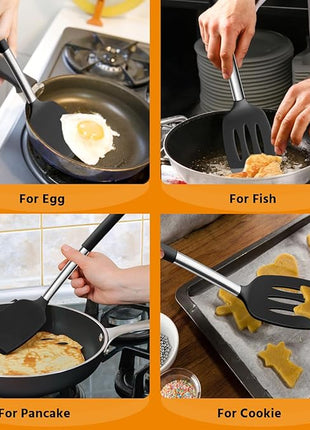 E-far Silicone Spatula Set of 2, Solid & Slotted Turner for Nonstick Cookware, Heat Resistant Rubber Kitchen Cooking Utensils for Flipping Fish Pancake Egg - Black