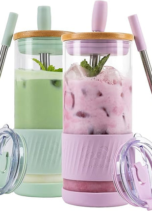 Pandaloo® Glass Cups With Lids and Straws -20 Fl Oz- Perfect Size Iced Coffee Cup - Smoothie Cup With Bamboo Lid and On the go Lid - Glass Tumbler (2 Count (Pack of 1), Lilac-Sage)