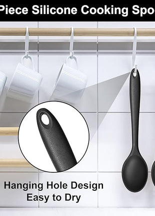 E-far Silicone Cooking Spoon Set of 2, Heat Resistant Kitchen Spoons Utensils Nonstick Mixing Spoon for Baking Stirring Serving, Non-Toxic & Dishwasher Safe (Black)