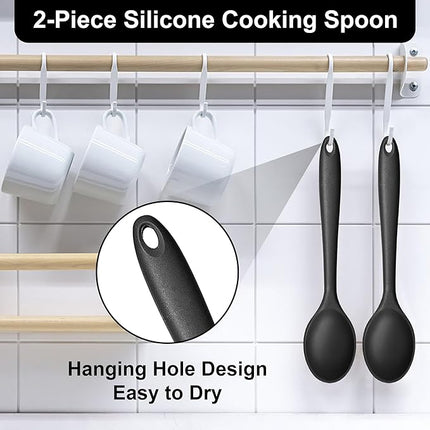 E-far Silicone Cooking Spoon Set of 2, Heat Resistant Kitchen Spoons Utensils Nonstick Mixing Spoon for Baking Stirring Serving, Non-Toxic & Dishwasher Safe (Black)