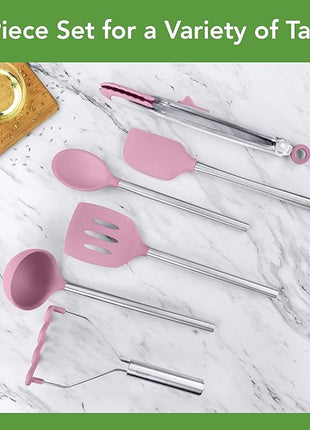 Tovolo Silicone Cooking Utensil Set of 6 Pink Sorbet Ladle Slotted Turner Tongs Flex Core Spatula Scraper Mixing Spoon and Potato Masher, Dishwasher Safe BPA Free Silicone Kitchen Utensils