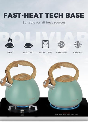 POLIVIAR Tea Kettle, 2.7 Quart Blue Finish with Wood Pattern Handle Loud Whistle Food Grade Stainless Steel Teapot, Anti-Hot Handle and Anti-Rust, Suitable for All Heat Sources JX2025-TB30