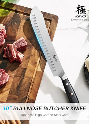 KYOKU 10" Bullnose Butcher Knife, Samurai Series Butcher Knife for Meat Cutting Chopping with Pakkawood Handle, Japanese High Carbon Steel Kitchen Knife for Professional Chef & Cook with Sheath & Case