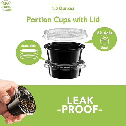 (1.5 oz - 100 Sets) Black Diposable Plastic Portion Cups With Lids, Small Mini Containers For Portion Controll, Jello Shots, Meal Prep, Sauce Cups, Slime, Condiments Disposable Souffle Cups