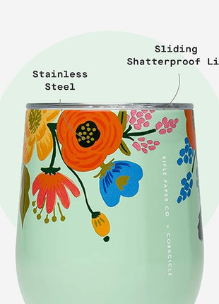 Corkcicle Stemless Insulated Wine Glass Tumbler - Keeps Beverages Cold 6 Hrs Hot 3 Hrs - Stainless Steel - Easy-Grip - Gift for Mom - Great for Mother's Day or Christmas - 12 oz - Mint Lively Floral