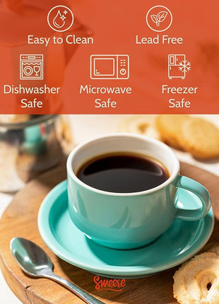 Sweese 4 Ounce Porcelain Stackable Espresso Cups with Saucers and Metal Stand Set of 4, Turquoise