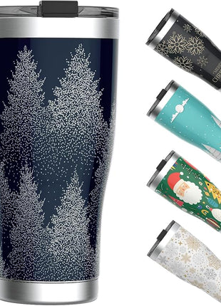 HAUSHOF 20oz Christmas Tumbler, Stainless Steel and Double Wall Insulated Travel Coffee Mug with Lid, Good Choice for Christsmas Gifts-Navy Blue with Pine Tree