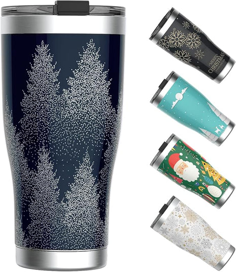 HAUSHOF 20oz Christmas Tumbler, Stainless Steel and Double Wall Insulated Travel Coffee Mug with Lid, Good Choice for Christsmas Gifts-Navy Blue with Pine Tree