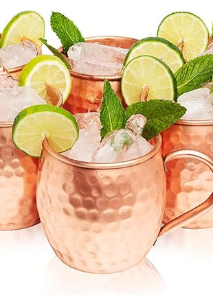 Moscow Mule Copper Mugs Set of 6 (16oz) | Food Grade 100% Pure Copper Cups | Handcrafted w/Lacquered Hammered Finish, Smooth Rounded Lip, Ergonomic Handle (No Rivet) w/Solid Grip