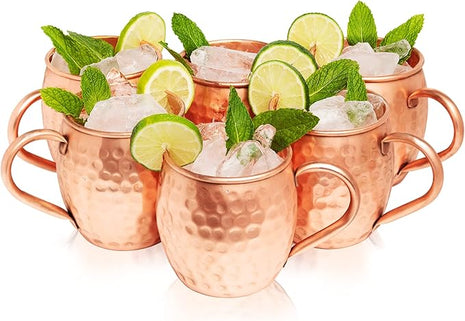 Moscow Mule Copper Mugs Set of 6 (16oz) | Food Grade 100% Pure Copper Cups | Handcrafted w/Lacquered Hammered Finish, Smooth Rounded Lip, Ergonomic Handle (No Rivet) w/Solid Grip