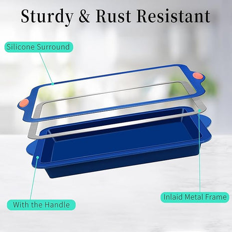 To encounter Silicone Baking Pans Set, 4 Pieces Nonstick Bakeware Set with Baking Pans, Baking Sheets, Cookie Sheets, Cake Pan with Grips and Metal Reinforced Frame More Strength, Navy Blue