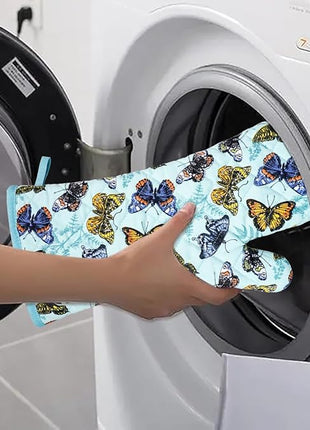 Oven Mitts Cotton Fashion Cute Butterfly Design 1pair Heat Resistant Oven Gloves Safe Cooking Baking Grilling Barbecue Machine Washable Pot Holders (Butterfly)