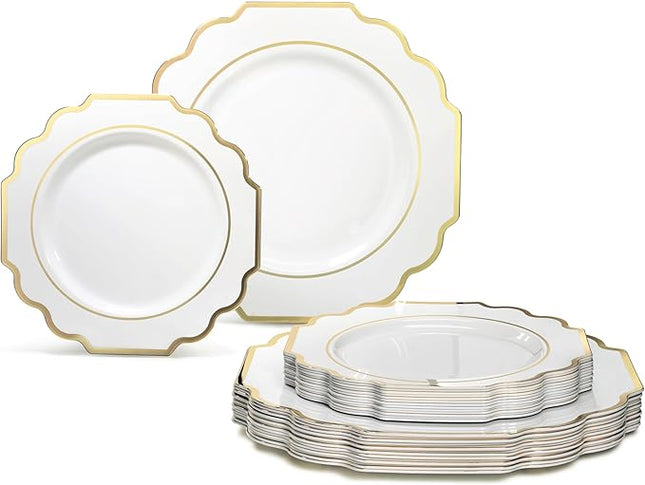 " OCCASIONS " 50 Plates Pack (25 Guests)-Heavyweight Wedding Party Disposable Plastic Plate Set -(25x10.5'' Dinner + 25x8'' Salad/Dessert) (Imperial White & Gold)