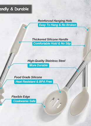 Silicone Spatula and Cooking Spoon,5 Pack Non-Stick Cooking Utensils for Kitchen，Heat Resistant Solid & Slotted Spoons and Spatulas, Stainless Steel Handle Coated with Silicone, Khaki