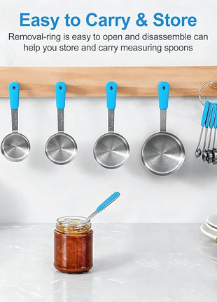 Measuring Cups and Spoons Set Stainless Steel 10 Piece for Cooking and Baking (5 Cups + 5 Spoons, Light Blue Handle)