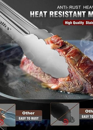 Tong for cooking, Walfos kitchen tongs set of 2 - Heat Resistant 600℉, Heavy Duty Locking Metal cooking Tongs, Stainless Steel BBQ Grilling,(All Metal 12in+16in)