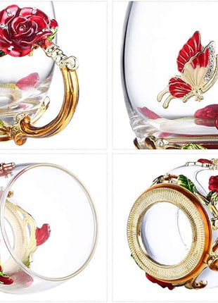 Handicraft Crystal Glass 3D Flower Cups Tea Mug With Tea Spoon Women Coffee, Tea, Juice, Beer, Milk Hot And Cold Drinks Use Gift Package. (Red Rose-Tal)