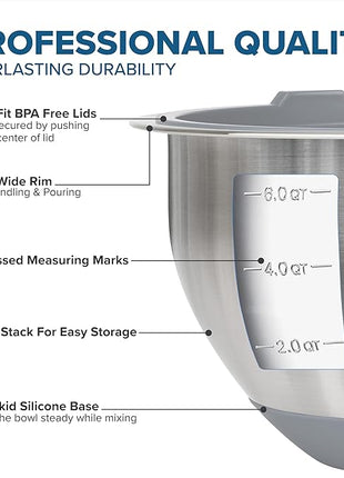 Viking Mixing Bowls Set, 10 Piece Stainless Steel Kitchen Cookware, Non-Slip Silicone Base, Includes Tight Fit Lids, Dishwasher Safe, Grey