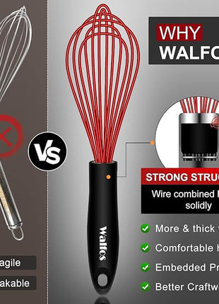 Walfos Whisk,Whisks for Cooking Non Scratch.Silicone Whisk Set of 4 Kitchen Wisk-11in Flat wisk and 7+9+11in Balloon Whisk.Nice for Mixing,Whisking and Stirring.Dishwasher Safe.(4pcs-Colorful)