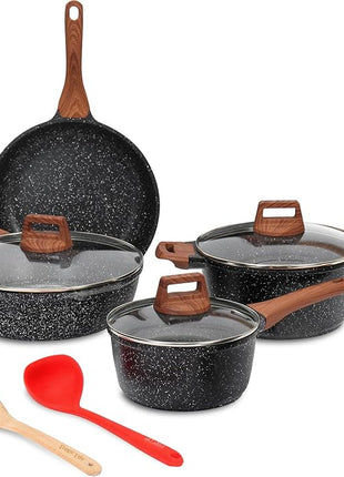 ESLITE LIFE Nonstick Cookware Sets, 9 Pcs Granite Coating Pots and Pans Set Kitchen Cooking Set, Compatible with All Stovetops (Gas, Electric & Induction), PFOA Free, Black