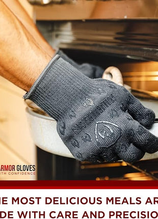 Oven Gloves with Fingers - 932°F Extreme Heat Proof and Cut Resistant Mitts for Kitchen, BBQ, Grill, Baking, Fire Pit - EN407 Certified with Non-Slip Silicone Grip and Cotton Lined for Comfort