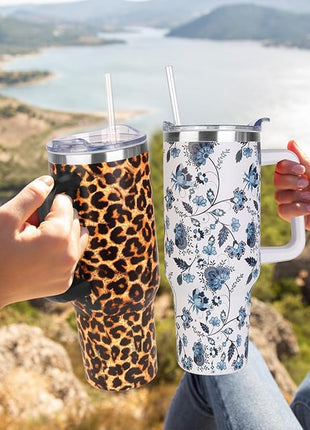 SYACOT 40 oz Tumbler with Handle and Straw Stainless Steel Insulated Tumbler Leak Proof Lid and Straw Lid Reusable Travel Mug Coffee Mug Cup Dishwasher Safe Keep Drinks Cold and Hot (Leopard)