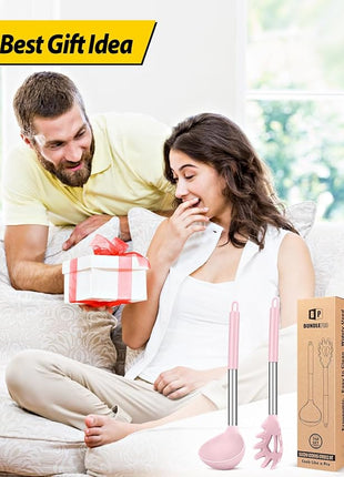 Silicone Pasta Fork and Ladle Spoon Set, Large Non Stick Kitchen Utensils for Cooking,Stirring,Serving Spaghetti, Soup, Sauce (PINK)