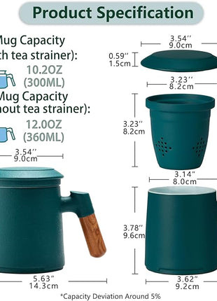 ZENS Tea Cup with Infuser and Lid, 12oz Green Tea Mug for Loose Leaf Tea Steeper, Wood Handle Tea Cup with Fine Tea Strainers Hot Diffusers, Ceramic Mugs Accessories for Tea Lovers Gifts