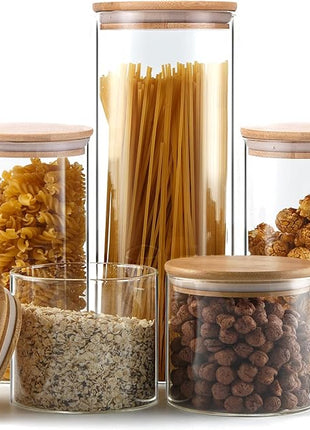 YUNCANG Glass Storage Jars [Set of 5],Clear Glass Food Storage Containers with Airtight Bamboo Lid Stackable Kitchen Canisters for Candy,Cookie,Rice,Sugar,Flour,Pasta,Nuts and Spice Jars
