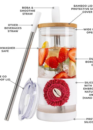 Pandaloo® Glass Cups With Lids and Straws -20 Fl Oz- Perfect Size Iced Coffee Cup - Smoothie Cup With Bamboo Lid and On the go Lid (Ethnic chic-Fabulous Fez, 1 Count (Pack of 1))