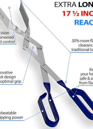 Shark BBQ Grill Tongs - 17 inch (Blue) Steak Tongs. Professional kitchen and outdoor grilling utensil. Long reach Barbeque Grilling Tong. Ideal for steak, fish, burger, and sausage