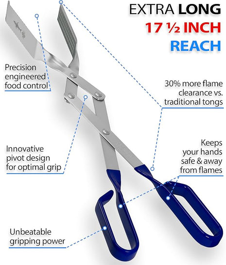 Shark BBQ Grill Tongs - 17 inch (Blue) Steak Tongs. Professional kitchen and outdoor grilling utensil. Long reach Barbeque Grilling Tong. Ideal for steak, fish, burger, and sausage