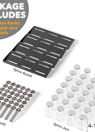 SpaceAid Spice Drawer Organizer with 28 Spice Jars, 386 Spice Labels, 4 Tier Seasoning Rack Tray Insert for Kitchen Drawers, 13" Wide x 17.5" Deep