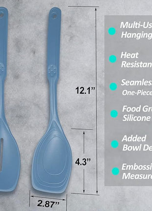 2 Pack Large Silicone Cooking Spoon, Non-Stick Slotted and Solid Spoon set with Deep Bolw- Measurement Mark for Mixing, Serving, Scooping, Scraping, Heat Resistant Kitchen Utensils, Starry Blue
