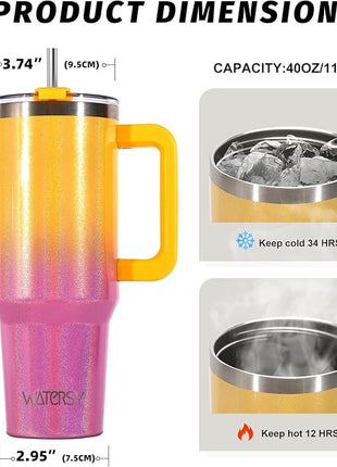 40 oz Shiny Tumbler with Handle and Straw,Stainless Steel Tumbler with Lid and Straw,Insulated Travel Mug(Cold for 34 Hours),Water Bottle for Iced Tea,Coffee (Yellow)