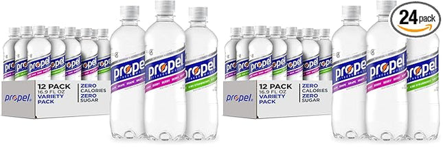 Propel, 3 Flavor Variety Pack, Zero Calorie Sports Drinking Water with Electrolytes and Vitamins C&E, 16.9 Fl Oz, (Pack of 24)