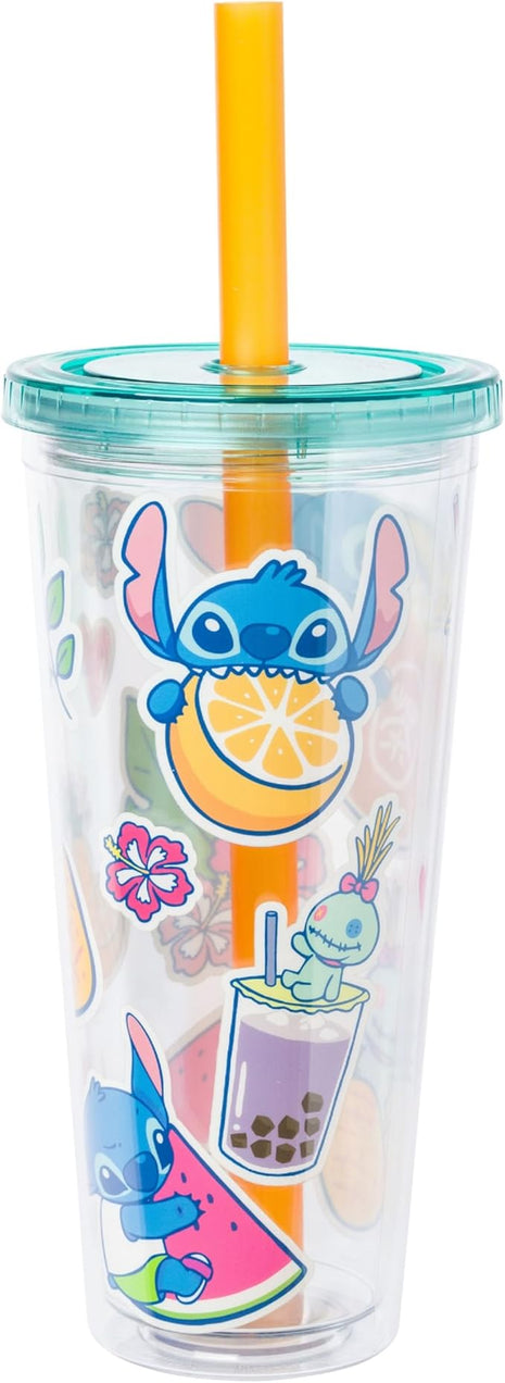 Silver Buffalo Disney Lilo and Stitch Cute Decals Featuring Scrump Plastic Boba Tumbler with Lid and Straw, 24 Ounces