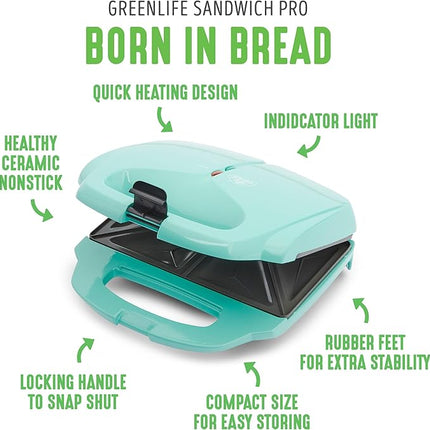 GreenLife Pro Electric Panini Press Grill and Sandwich Maker, Healthy Ceramic Nonstick Plates,Easy Indicator Light, PFAS-Free, Turquoise