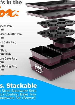 NutriChef 8-Piece Nonstick Stackable Bakeware Set - PFOA, PFOS, PTFE Free Baking Pan Set w/Non-Stick Coating, 450°F Oven Safe, Round Cake, Loaf, Muffin, Wide/Square Pans, Cookie Sheet (Plum)