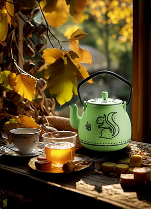 Toptier Teapot with Removable Infuser, Cast Iron Tea Kettle Stovetop Safe, Squirrel Design Tea Pot Coated with Enameled Interior for 32 Ounce (950 ml), Bright Green