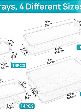 Vtopmart 44 PCS Clear Plastic Drawer Organizers Set, 4-Size Versatile Bathroom and Vanity Organizer Trays, Non-Slip Storage Containers for Makeup, Jewelries, Bedroom，Kitchen Utensils and Office