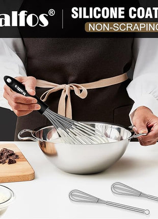 Walfos Whisk, Silicone Whisks Set of 5, Mini Stainless Steel Whisk 7in+5in and Non Scratch Coated 7+9+11in Whisks, Suitable for Blending, Whisking, Beating, Frothing & Stirring. (Grey)