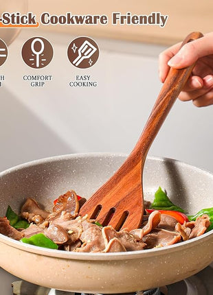 Wooden Spoons for Cooking, 11 Pcs Wood Cooking Utensils Set with Holder, Natural Acacia Wooden Kitchen Tools, Nonstick Cookware, Easy Clean, Kitchen Utensil Set for Mom, Wife Cooking Gifts