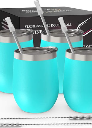 CHILLOUT LIFE 12 oz Stainless Steel Wine Tumblers 4 Pack - Double Wall Vacuum Insulated Wine Glasses Cups with Lids and Straws Set Keeping Cold & Hot for Coffee, Beer, Ice Cream - Powder Coated Blue