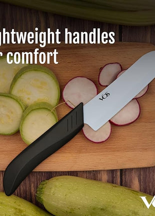 Vos Ceramic Knife Set in Elegant Gift Box, Ceramic Knives Set For Kitchen, Ultra Sharp Kitchen Knife Set with Covers, 4" 5" 6" Paring, Santoku & Chef Knife, Lightweight, Dishwasher safe (Black Handle)