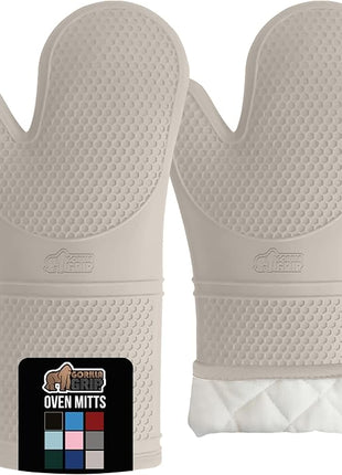 GORILLA GRIP BPA-Free Soft Silicone Oven Mitts, 14.5x8.3, Heat Resistant and Waterproof Cooking Gloves, Thick Cotton Lining, Flexible Gripping for Baking Grilling, Kitchen Potholders Set of 2, Almond