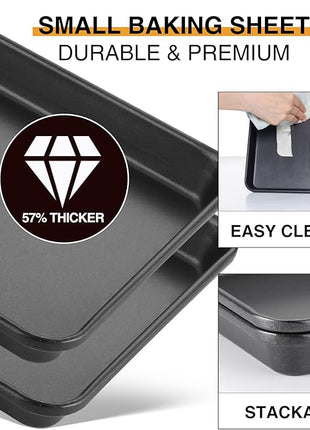 HONGBAKE 2 Pack 9.7X7.5" Toaster Oven Pans for Baking, 57% Thicker Nonstick 1/8 Cookie Sheet Pan Set, Small Baking Tray, Dishwasher Safe and Heavy Duty, Black