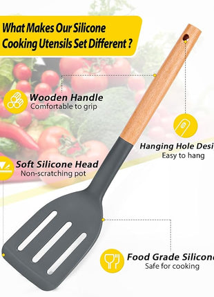 Pack of 4 Silicone Cooking Utensils Set, Non Stick Solid Spatulas and Heat Resistant Slotted Spoons with Wooden Handle, Ideal Wood Kitchen Utensils Set for Frying,Serving,Turning,Stirring (GRAY)
