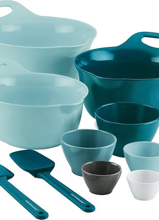 Rachael Ray Tools and Gadgets Mix and Measure Cooking / Baking Prep Set with Mixing Bowls, Measuring Cups, and Tools - 10 Piece, Light Blue and Teal