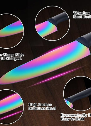 Marco Almond Kitchen Knife Set, KYA36 12-Piece Rainbow Color Stainless Steel Chef Boxed Knives Set for Kitchen with Covers, 6 Knives with 6 Blade Guards, Black